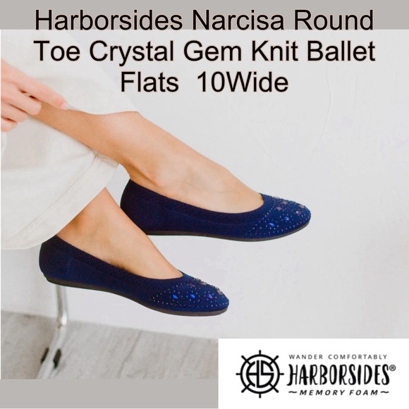 HARBORSIDES Narcisa Navy Blue Crystal Gem Knit Ballet Flat Shoes 10W WIDE - Picture 4 of 16
